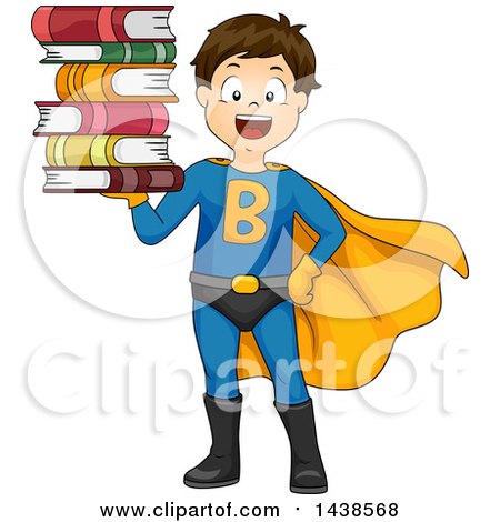 Clipart of a Happy Super Brunette White Boy Holding a Stack of Books - Royalty Free Vector Illustration by BNP Design Studio