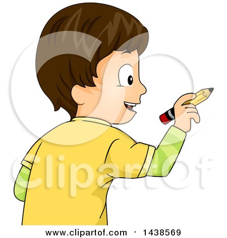 Clipart of a Happy Brunette White Boy Writing with a Pencil - Royalty Free Vector Illustration by BNP Design Studio