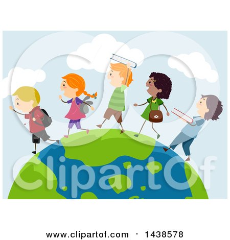 Clipart of a Line of School Children Walking on Planet Earth - Royalty Free Vector Illustration by BNP Design Studio