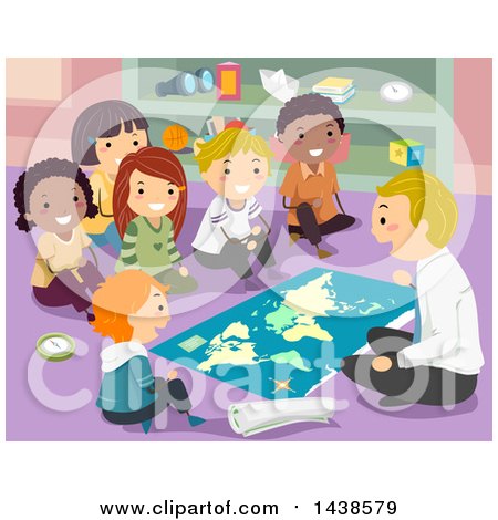 Clipart of a Male Teacher and a Group of School Children Studying a Map - Royalty Free Vector Illustration by BNP Design Studio