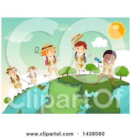 Clipart of a Group of Safari Children on a Globe - Royalty Free Vector Illustration by BNP Design Studio
