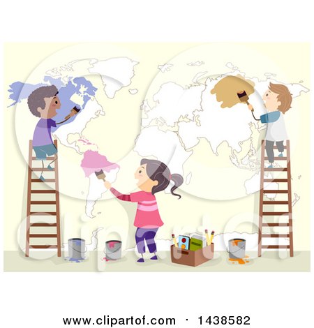 Clipart of a Group of School Children Painting a Map on a Wall - Royalty Free Vector Illustration by BNP Design Studio