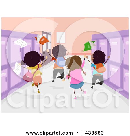 Clipart of a Rear View of Happy School Children Jumping in a Hall - Royalty Free Vector Illustration by BNP Design Studio