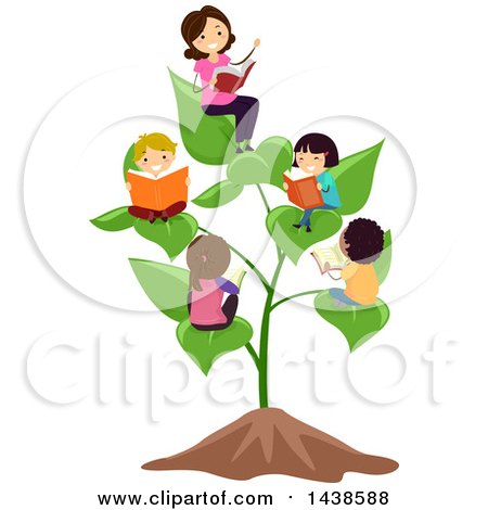 Clipart of a Female Teacher and Group of School Children Reading on a Plant - Royalty Free Vector Illustration by BNP Design Studio