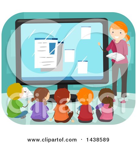 Clipart of a Female Teacher and a Group of School Children Taking Computer Lessons - Royalty Free Vector Illustration by BNP Design Studio