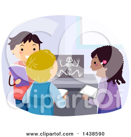 Clipart of a Group of School Children Studying a Frog Skeleton in Biology Class - Royalty Free Vector Illustration by BNP Design Studio