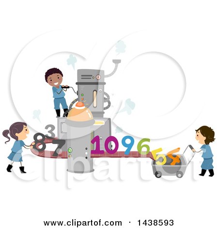 Clipart of a Group of School Children Working in a Number Factory - Royalty Free Vector Illustration by BNP Design Studio