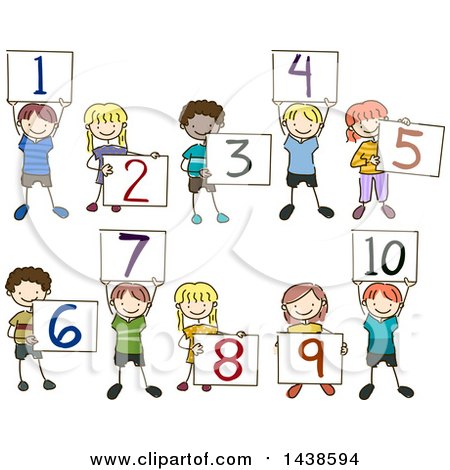 Clipart of a Sketched Group of School Children Holding up Number Boards - Royalty Free Vector Illustration by BNP Design Studio