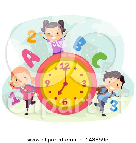 Clipart of a Group of School Children with Numbers, Letters and a Clock - Royalty Free Vector Illustration by BNP Design Studio