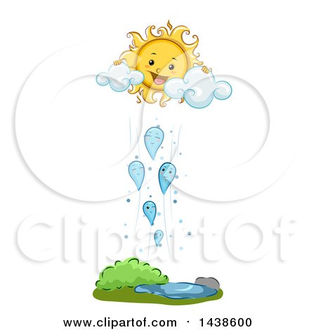 Clipart of a Demonstration of Condensation Through Mascots of Water Droplets Rising Towards a Mascot of the Sun - Royalty Free Vector Illustration by BNP Design Studio