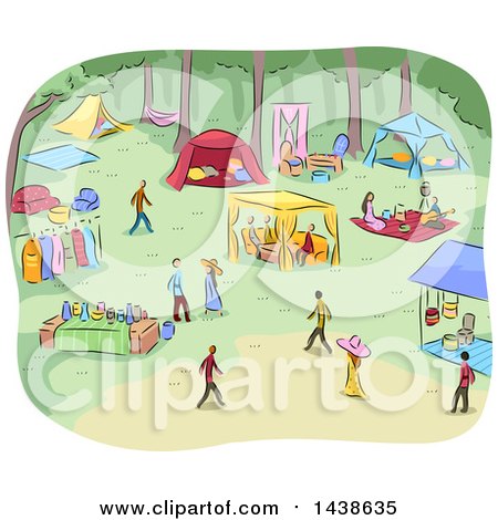 Clipart of a Sketched Park with People Having Fancy Picnics - Royalty Free Vector Illustration by BNP Design Studio