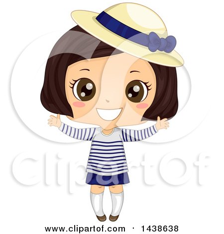 Clipart of a Happy Brunette Girl in a Breton Shirt and Derby Hat - Royalty Free Vector Illustration by BNP Design Studio
