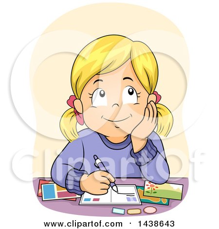 Clipart of a Blond White Girl Daydreaming and Writing Postcards - Royalty Free Vector Illustration by BNP Design Studio