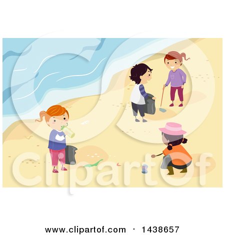 Clipart of a Group of Children Picking up Garbage on a Beach - Royalty Free Vector Illustration by BNP Design Studio