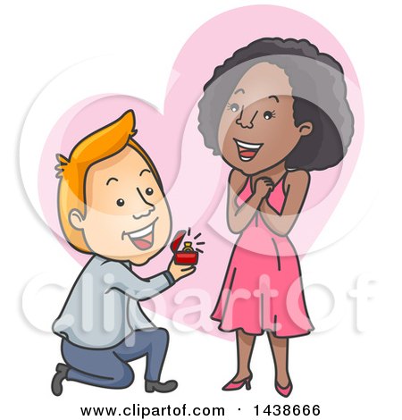 Clipart of a Cartoon White Man Kneeling and Proposing to a Black Woman over a Heart - Royalty Free Vector Illustration by BNP Design Studio