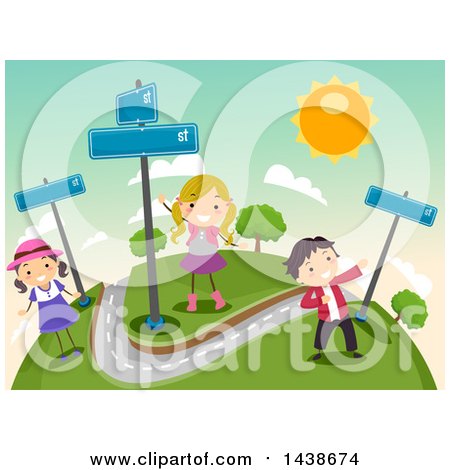 Clipart of a Group of Children with Street Signs - Royalty Free Vector Illustration by BNP Design Studio