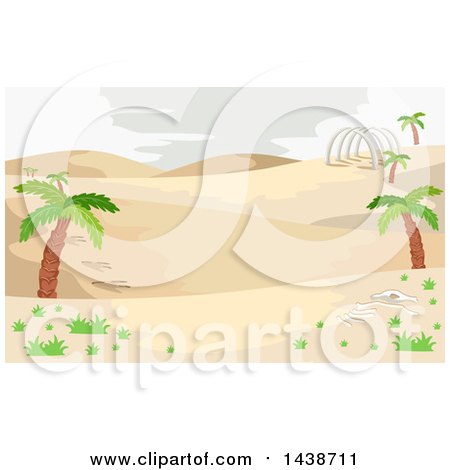 Clipart of a Prehistoric Desert Landscape with Palm Trees and Dinosaur Bones - Royalty Free Vector Illustration by BNP Design Studio