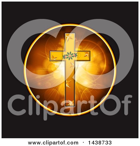 Clipart of a Festive Gold Cross with Christmas Holly and Stars in a Circle of Flares, on Black - Royalty Free Vector Illustration by elaineitalia