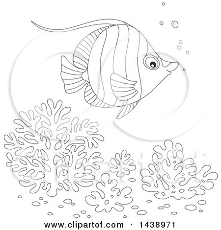 Clipart of a Black and White Lineart Angelfish over Corals - Royalty Free Vector Illustration by Alex Bannykh