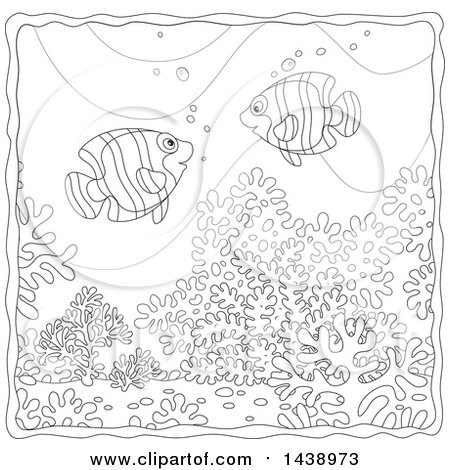 Clipart of Black and White Lineart Banded Angelfish over Corals - Royalty Free Vector Illustration by Alex Bannykh