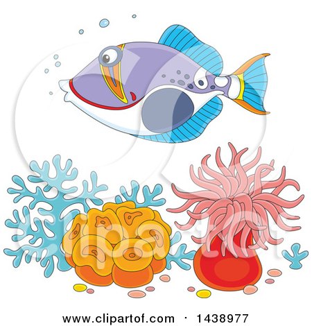 Clipart of a Cartoon Humu Picasso Triggerfish Swimming over Corals and Anemones - Royalty Free Vector Illustration by Alex Bannykh