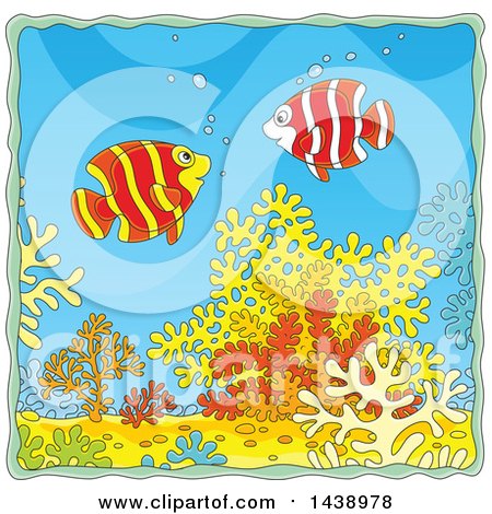 Clipart of Cartoon Happy Banded Angelfish over Corals - Royalty Free Vector Illustration by Alex Bannykh
