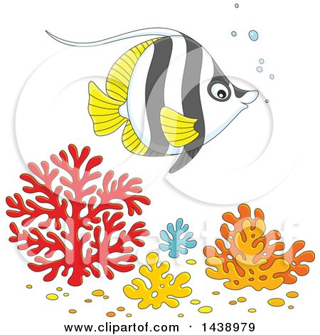 Clipart of a Cartoon Black White and Yellow Angelfish over Corals - Royalty Free Vector Illustration by Alex Bannykh