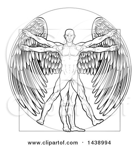 Clipart of a Black and White Leonard Da Vinci Vitruvian Man with Angel Wings - Royalty Free Vector Illustration by AtStockIllustration