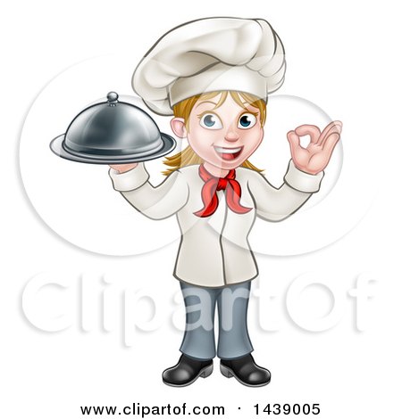 Clipart of a Cartoon Full Length Happy White Female Chef Holding a Cloche Platter and Gesturing Ok - Royalty Free Vector Illustration by AtStockIllustration