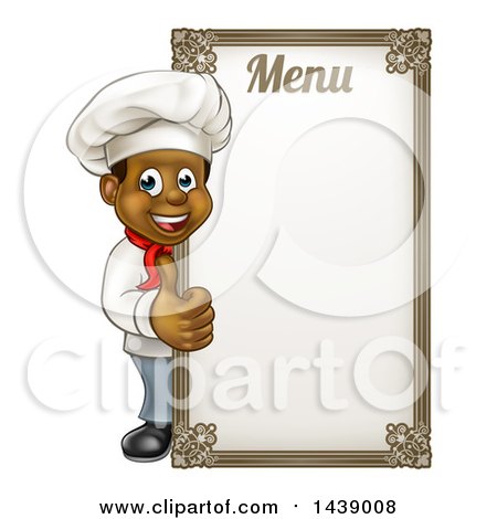 Clipart of a Happy Young Black Male Chef Giving a Thumb up Around a Menu Board - Royalty Free Vector Illustration by AtStockIllustration