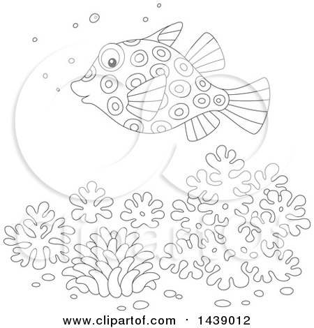 Clipart of a Cartoon Black and White Lineart Puffer Blow Fish over Corals - Royalty Free Vector Illustration by Alex Bannykh