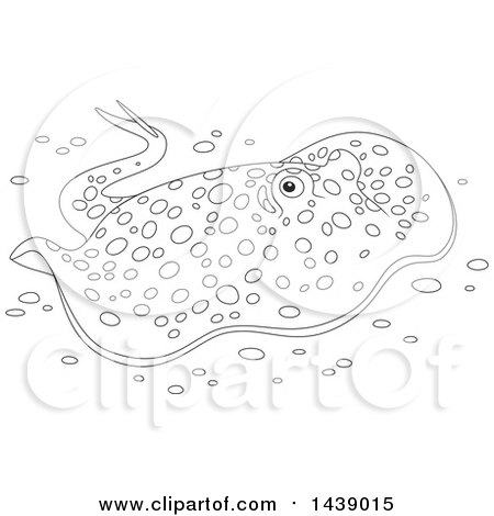 Clipart of a Cartoon Black and White Lineart Bluespotted Stingray Swimming - Royalty Free Vector Illustration by Alex Bannykh