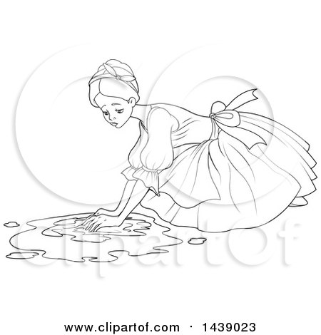 Clipart of a Black and White Lineart Scene of Cinderella As a Maid, Scrubbing a Floor - Royalty Free Vector Illustration by Pushkin