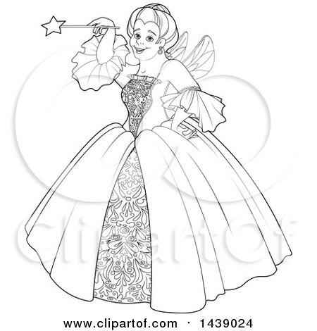 Clipart of a Black and White Lineart Fairy Godmother Holding up Her Magic Wand - Royalty Free Vector Illustration by Pushkin