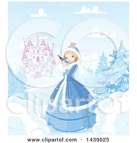 Clipart of a Princess in a Winter Landscape, Holding a Bird with Castle in the Background - Royalty Free Vector Illustration by Pushkin
