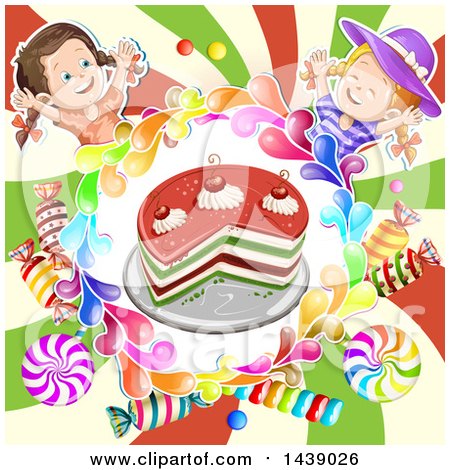 Clipart of a Cake in a Circle of Candy, with Two Girls over a Swirl - Royalty Free Vector Illustration by merlinul