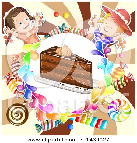 Clipart of a Slice of Cake in a Circle of Candy, with Two Girls over a Swirl - Royalty Free Vector Illustration by merlinul