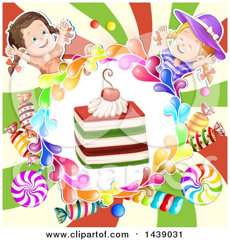 Clipart of a Cake in a Circle of Candy, with Two Girls over a Swirl - Royalty Free Vector Illustration by merlinul