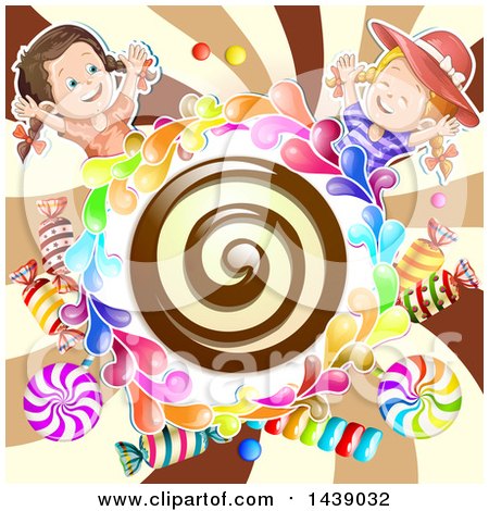 Clipart of a Chocolate Spiral in a Circle of Candy, with Two Girls over a Swirl - Royalty Free Vector Illustration by merlinul