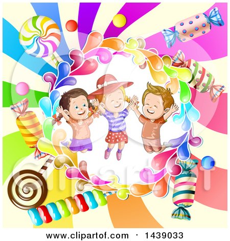 Clipart of a Boy and Girls in a Circle of Candy over a Swirl - Royalty Free Vector Illustration by merlinul
