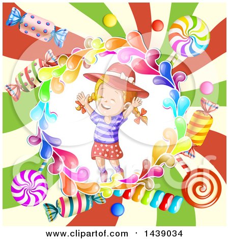 Clipart of a Girl in a Circle of Candy over a Swirl - Royalty Free Vector Illustration by merlinul