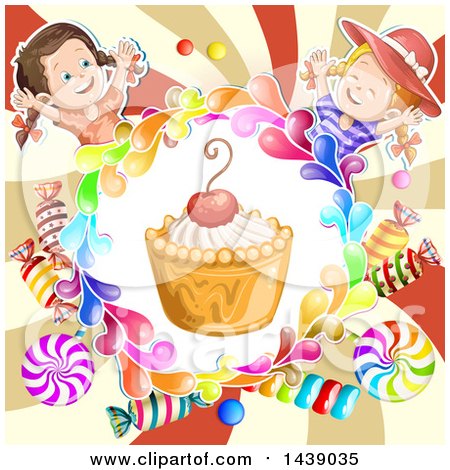 Clipart of a Dessert in a Circle of Candy, with Two Girls over a Swirl - Royalty Free Vector Illustration by merlinul