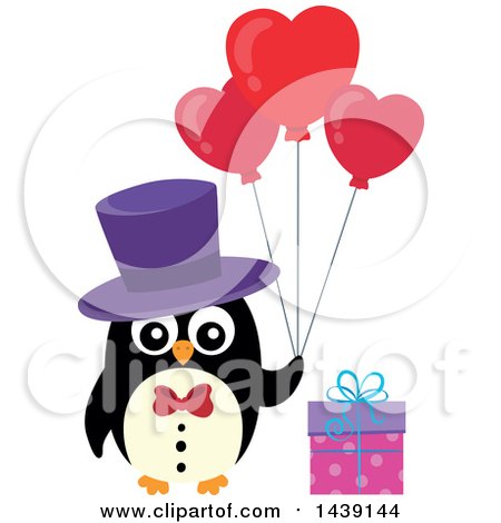 Clipart of a Male Penguin with a Gift and Valentine Heart Balloons - Royalty Free Vector Illustration by visekart
