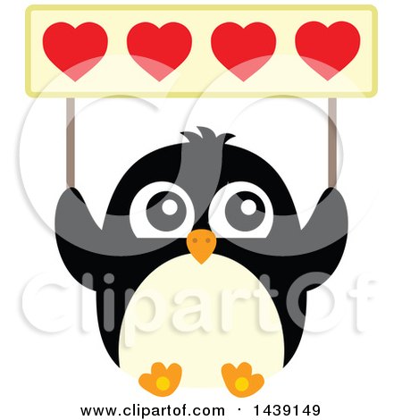 Clipart of a Penguin Holding up a Valentine Heart Banner - Royalty Free Vector Illustration by visekart