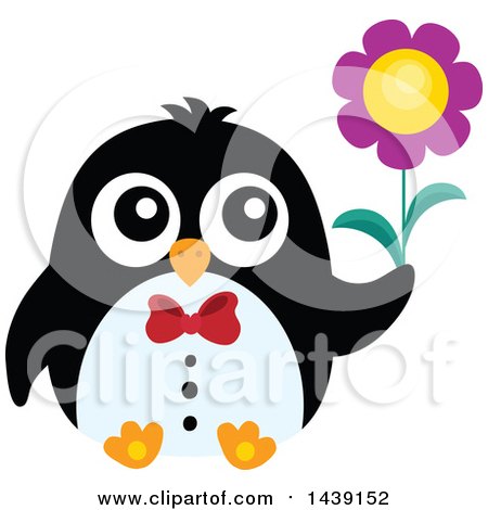 Clipart of a Romantic Male Penguin Holding a Flower - Royalty Free Vector Illustration by visekart