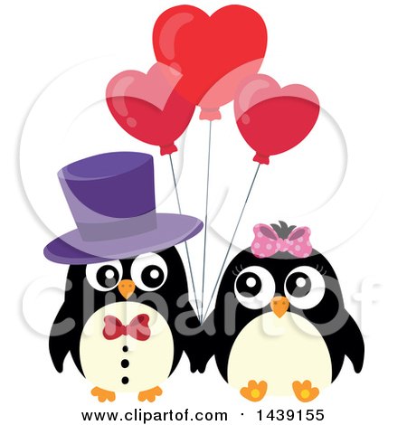Clipart of a Penguin Couple with Valentine Heart Balloons - Royalty Free Vector Illustration by visekart