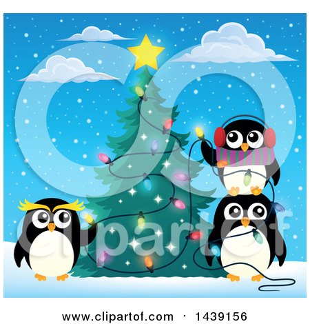 Clipart of a Festive Penguin Family Decorating a Christmas Tree on a Snowy Day - Royalty Free Vector Illustration by visekart
