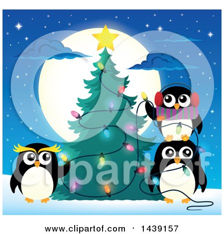 Clipart of a Festive Penguin Family Decorating a Christmas Tree Against a Full Moon - Royalty Free Vector Illustration by visekart
