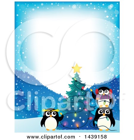 Clipart of a Border with a Festive Penguin Family Decorating a Christmas Tree - Royalty Free Vector Illustration by visekart