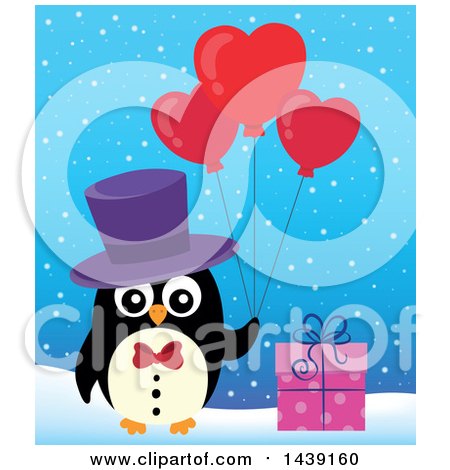 Clipart of a Male Penguin with a Gift and Valentine Heart Balloons - Royalty Free Vector Illustration by visekart